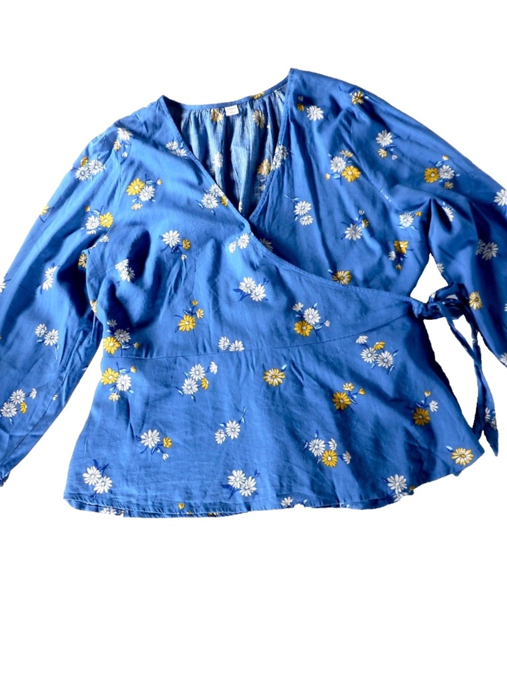 Old Navy Blue Floral Sz XL Wrap Tunic Top Side-Tie Cotton Blend Long Sleeve